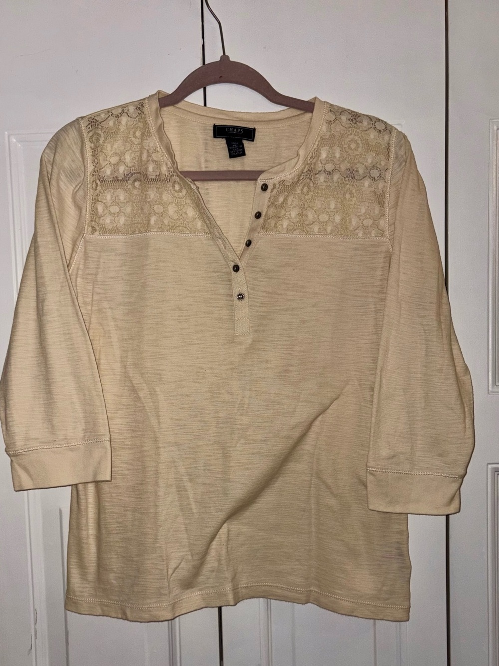 Chaps Cream Long-Sleeve Henley with Lace Yoke